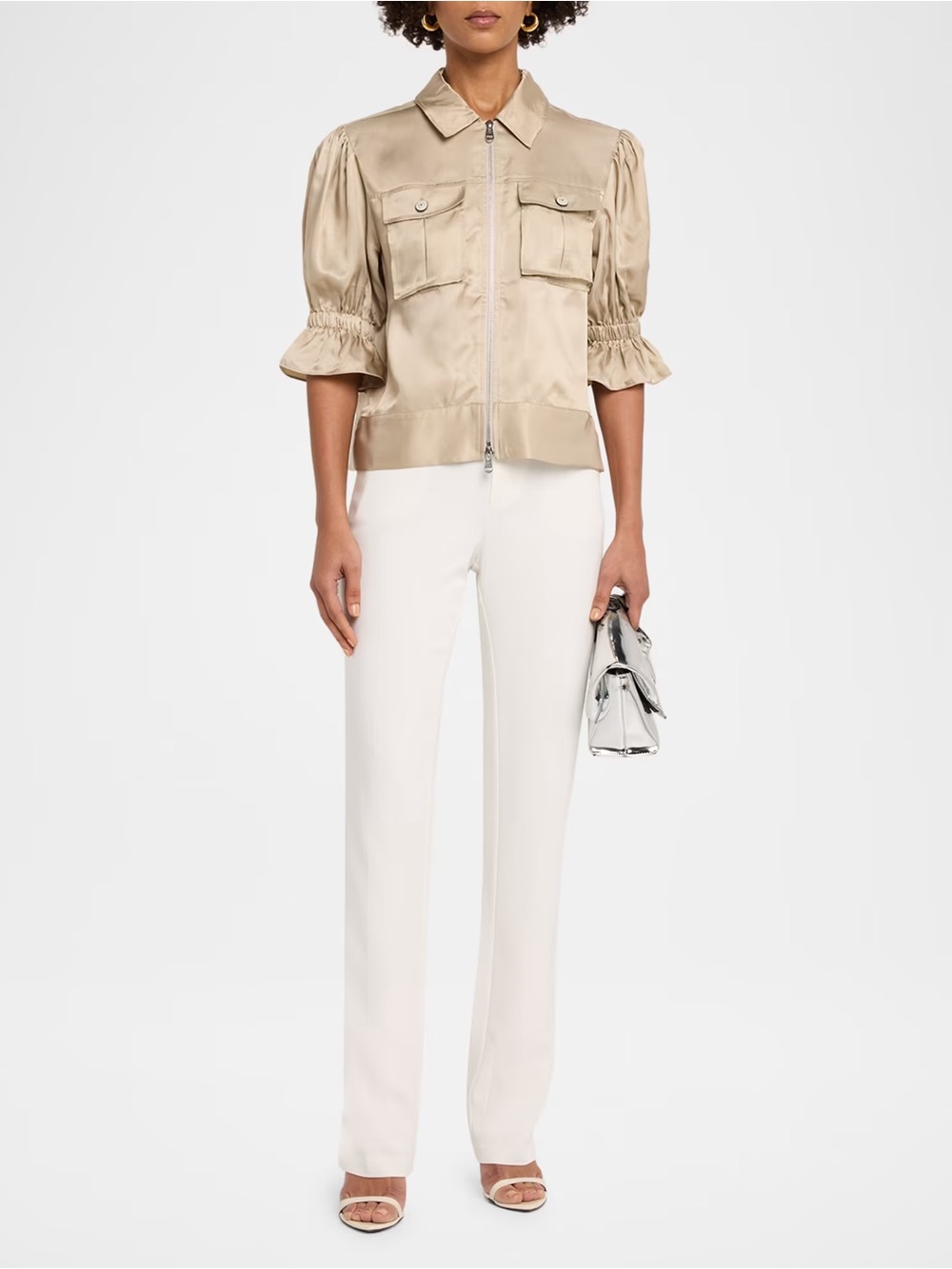 Cinq a Sept Holly Khaki Short Puff Sleeve Satin Utility Jacket Size Medium - Picture 11 of 15